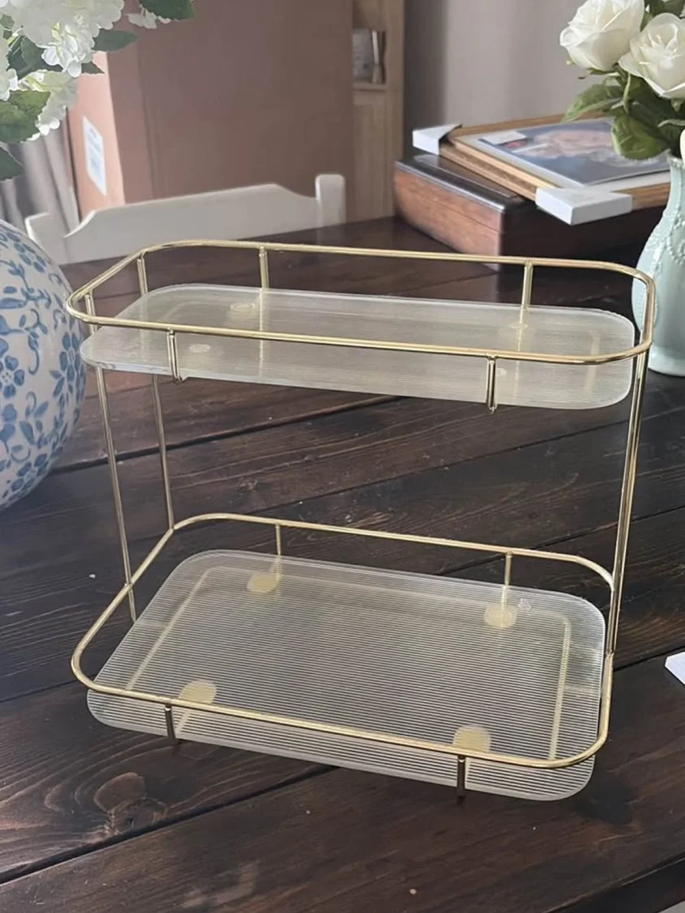 Gold Two-Tier Bathroom Ribbed Glass Organizer Shelf - Elegant Countertop Storage